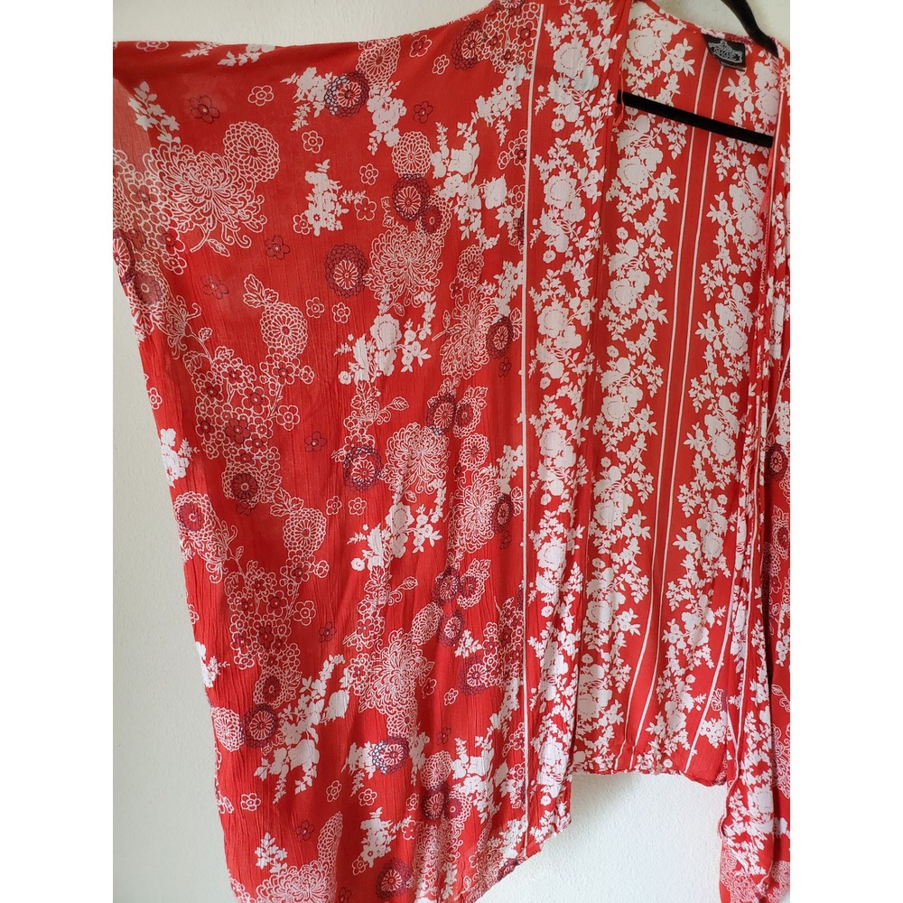 Angie Womens Red Floral Kimono Open Front Oversized Boho Rayon Large Cover-Up - Picture 4 of 8